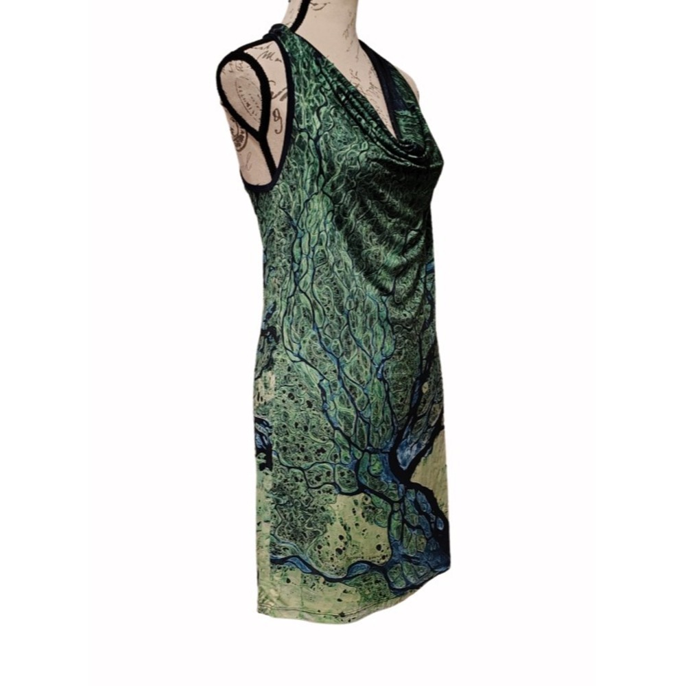 Blue Green Shift Mini Slip Dress M Earth Image Cowl Neck Nature Festival - Picture 3 of 6